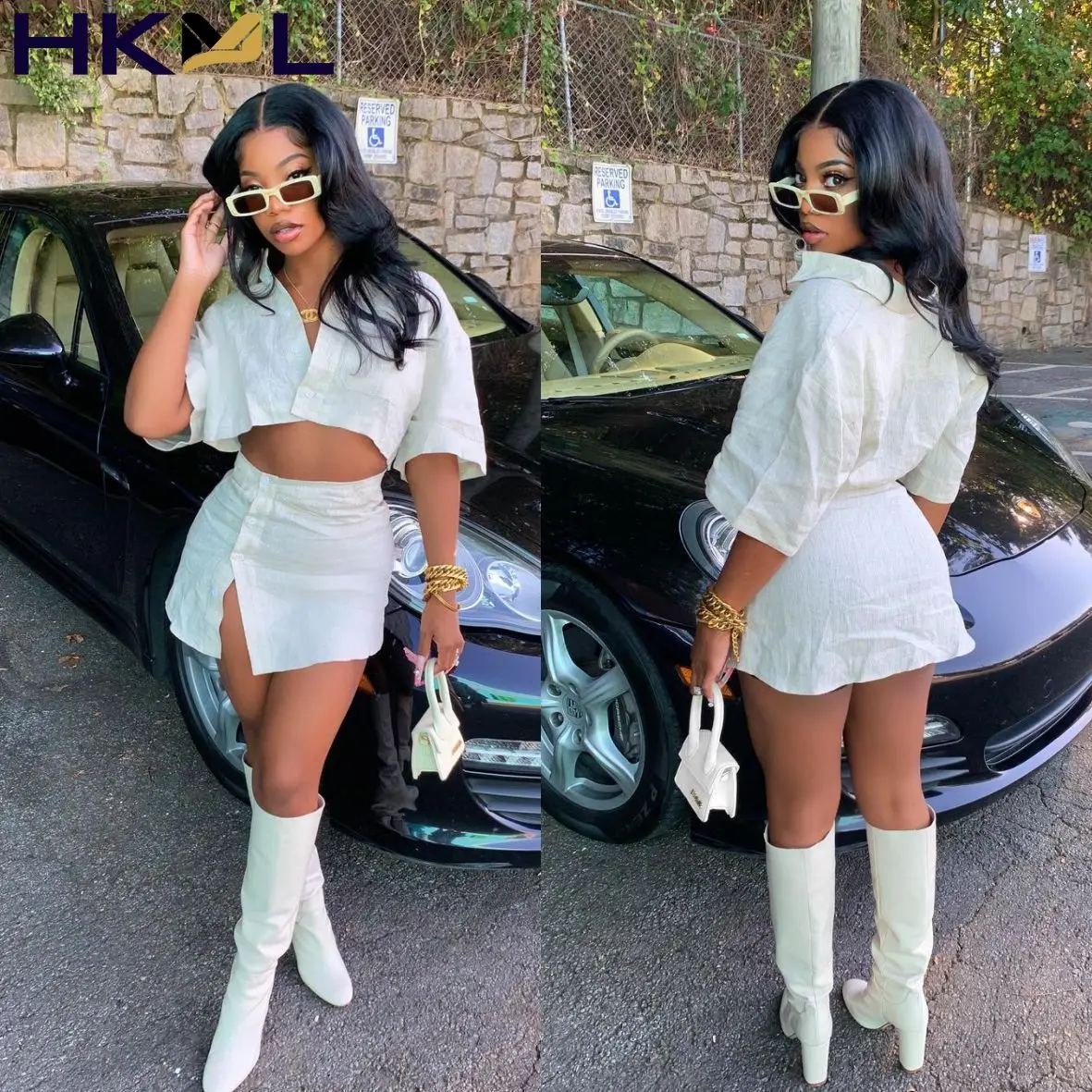 

2021 Summer Women Short Outfits Lapel Solid Color White Single Breasted Short Blouse And Button Skirt Elegant Streetwear