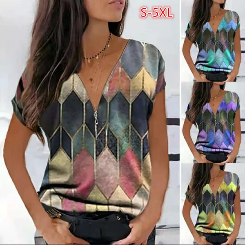 

Oversized Summer O-Neck Short Sleeve T-Shirt Woemn Casual Tops Fashion Rhombus Printed Loose Tops S-5XL Plus Size Women Clothing