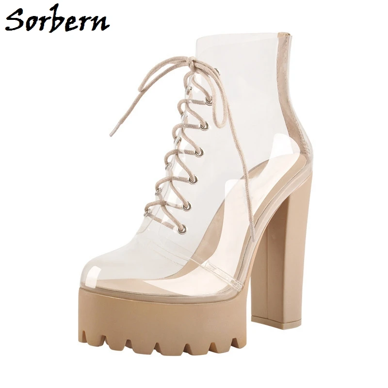 

Sorbern Perspex Pvc Boots For Women Block Heels Rubber Sole Chunky High Heel Ladies Booties Lace Up Round Toe Transparent Shoes