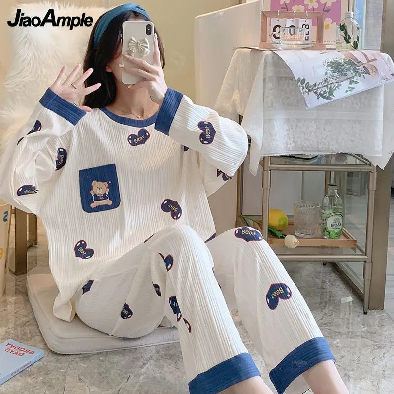 

100% Double-sided Cotton Pajamas Women's Autumn New Long-sleeved Trousers Pijamas Set Korean Casual Plus Size Sleepwear Suit
