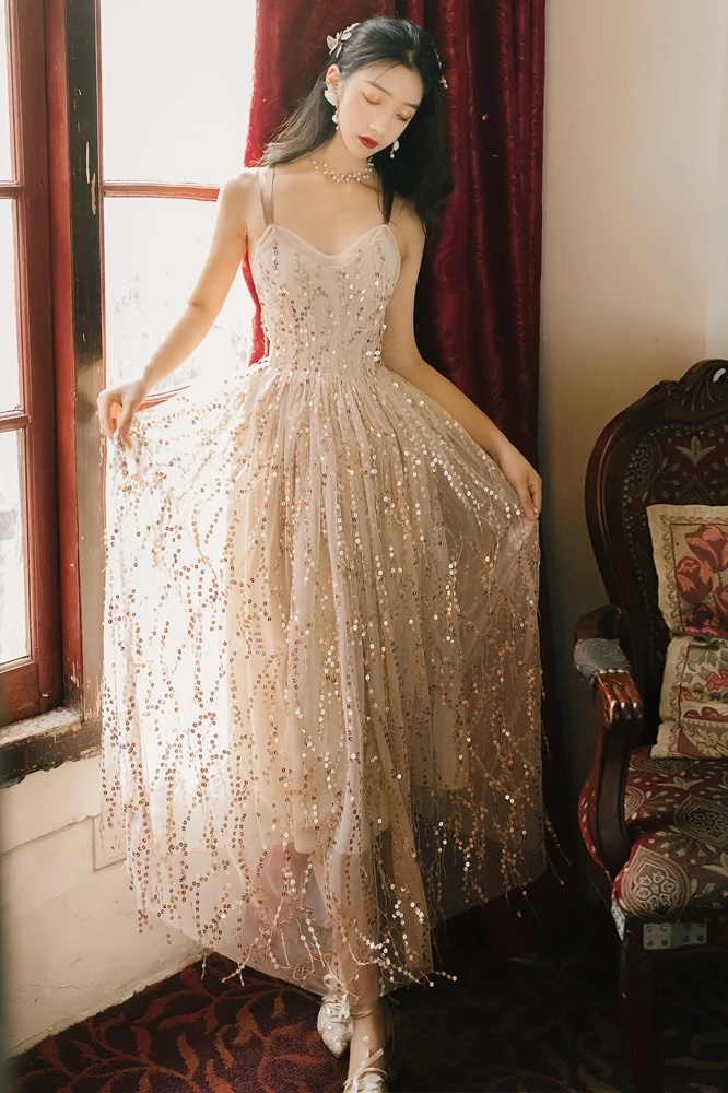 

Summer Women Dresses Bohemia Fashion Resort Beach Dress Cross Backless Sequined Dress