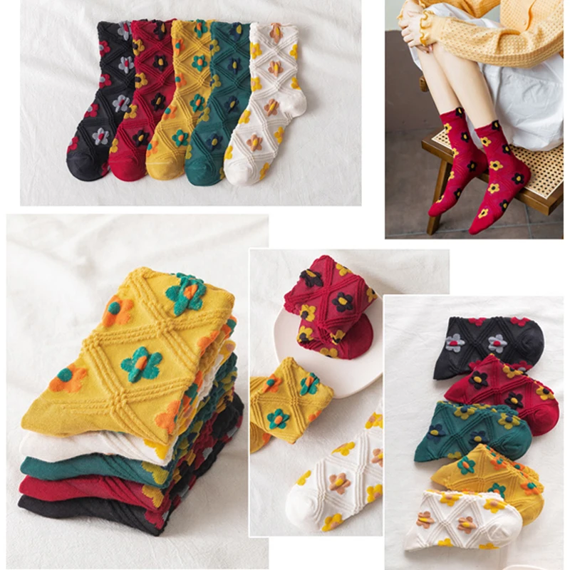 

Fashion Cotton Sock Flower Pattern Print Long Socks Japan Style Floral Socks Breathable Soft Tube Socks Vintage Women Socks
