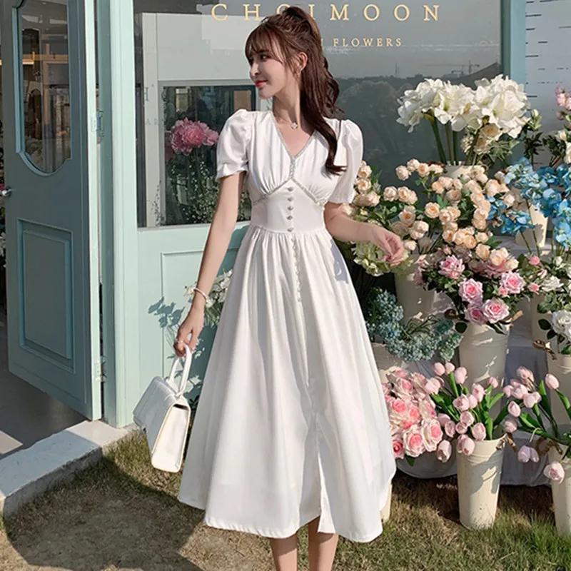 

Женское платье с V-образным вырезом, пышными рукавами и V-образным вырезом