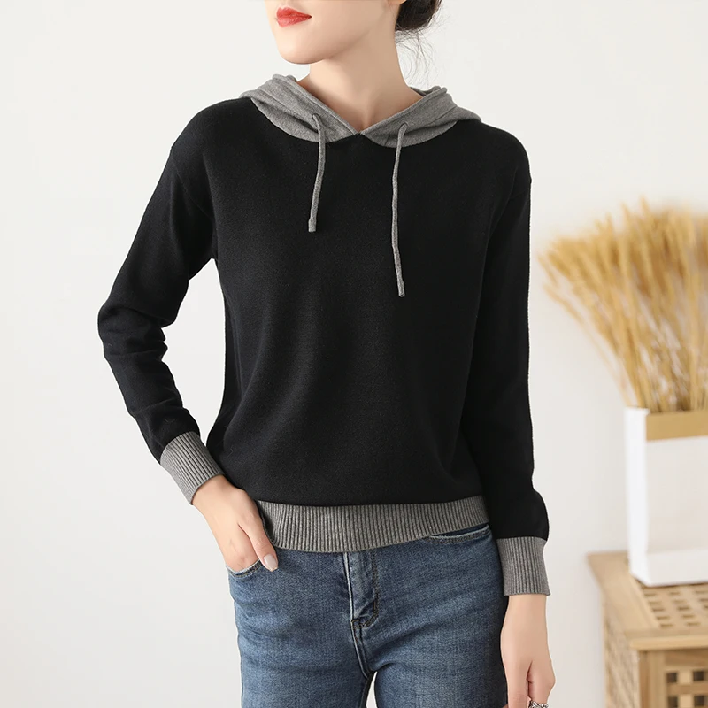 

BARESKIY women's new cotton sweater knitted color matching hoodie loose hood sweater casual stretch ladies sweater