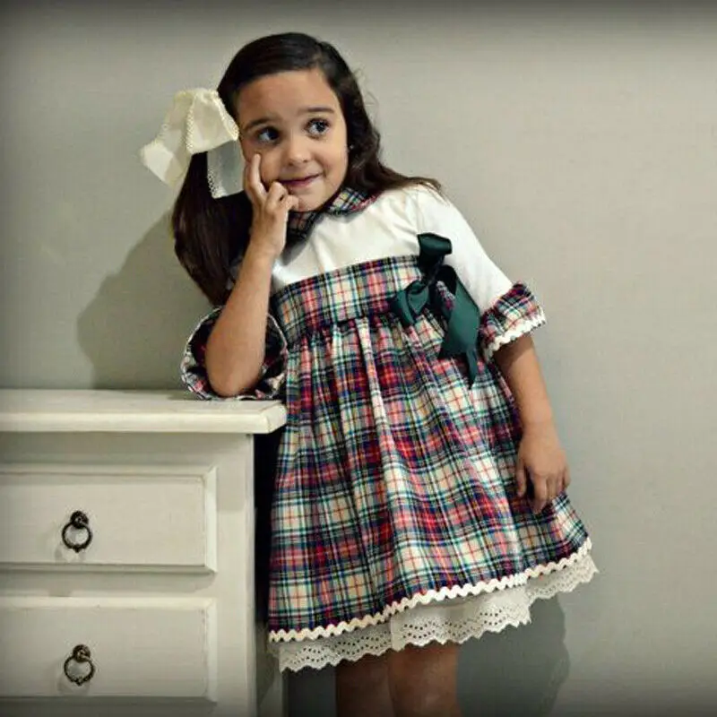 Girls Dress Half Sleeve Peter Pan Collar Vintage Princess Party Lace Flared Plaid Dresses Toddler Kids Infant Baby | Детская одежда и