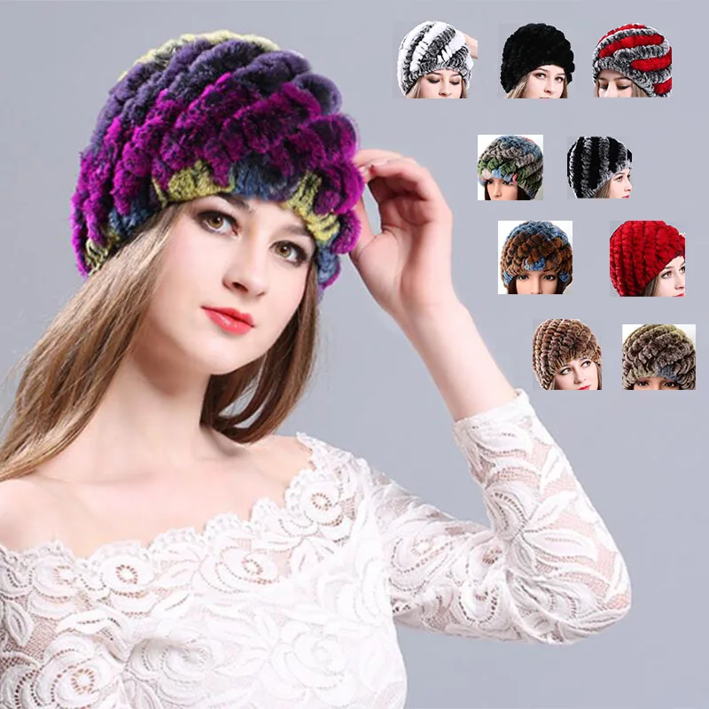 

Winter Ladies Mink Fur Hats Cap Natural Real Knitted Caps Fashionable Fluffy Women Genuine Beanie Female Black Bonnet