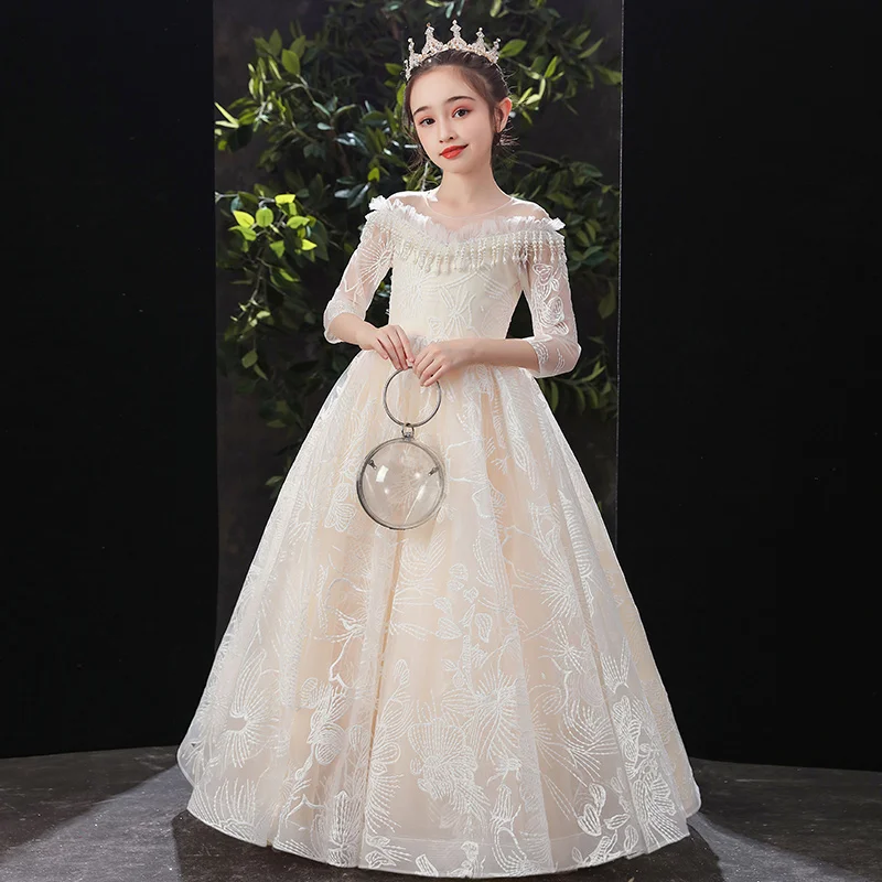 

Champagne Lace Flower Girl Dresses For Wedding Elegant O-Neck Floor-Length Long Kids Prom Gowns With Sleeves