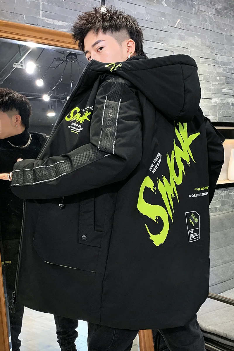 Down jacket for men winter new fashion trend letter print hooded for men 90% white duck down medium and long warm thick coat