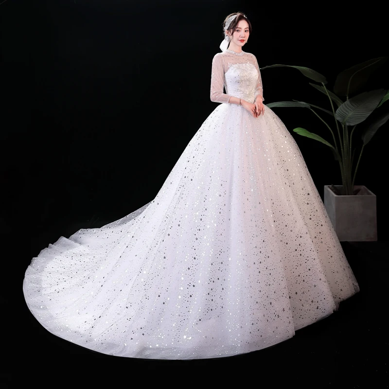 

2021 New Long Sleeve Wedding Dress With Train Classic Sequins Ball Gown Light Wedding Gown Wedding Dresses Plus Size
