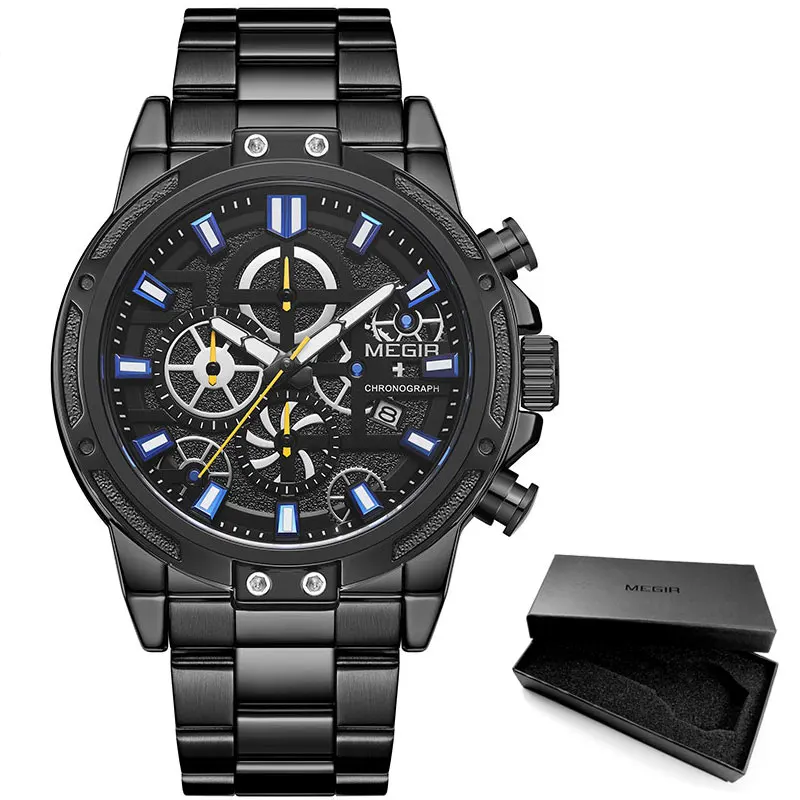 MS2108G-Black MEGIR мужские деловые кварцевые часы, армейские спортивные наручные часы с хронографом, мужские роскошные часы от ведущего бренда Relogios Masculinos 2108 черного цвета - Цвет: MS2108G-Black