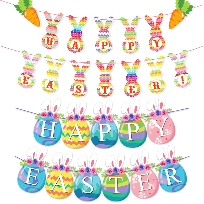 

Happy Easter Banner Bunny Rabbit Easter Eggs Paper Hanging Bunting Garland Easter Party Decorations Kids Birthday Party Supplies