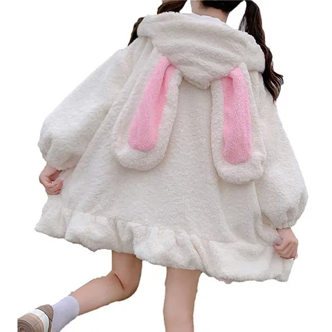 Милые женские толстовки в стиле "Лолита", Зимняя Теплая Толстовка Оверсайз из овечьей шерсти с милыми ушками кролика, флисовая куртка на молнии с капюшоном