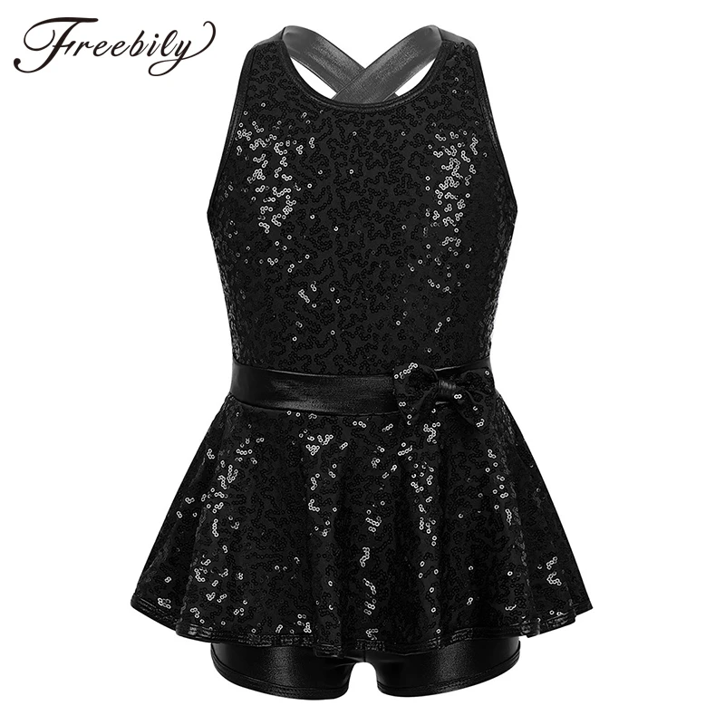 

Kids Sleeveless Sequined Dancewear Gymnastics Leotard Girls Ballet Figure Skating Dress Modern Rave Jazz Stage Dance Costume