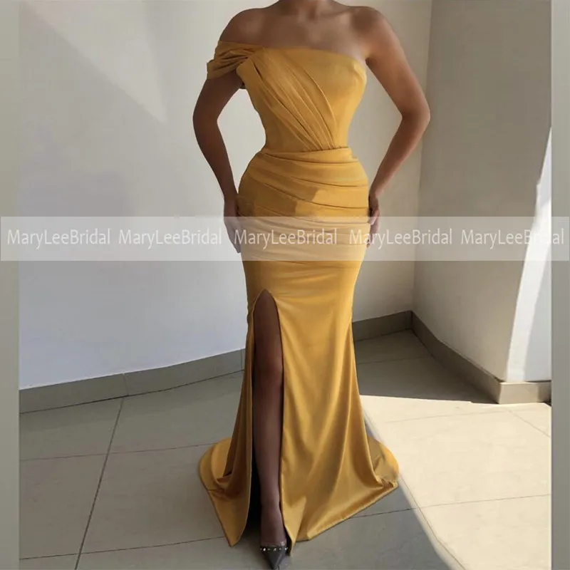 

Сексуальные вечерние платья с высоким разрезом сбоку с длинным разрезом и открытыми плечами, плиссированное блестящее атласное вечернее п...