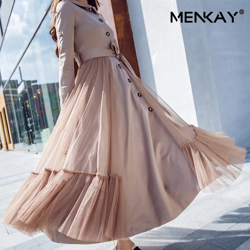 [MENKAY] длинный рукав, большой Hemline, сетчатый пояс, на шнуровке, с высокой талией, весенний вечерний Тренч, женская модная одежда, Корейская Новинка
