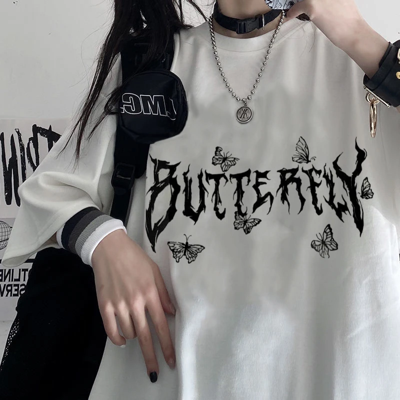 

Beautiful Gothic Butterfly letter Harajuku T-shirt Punk Cartoon Short Sleeve O-Neck Top Women Summer Loose Oversize Streetwear