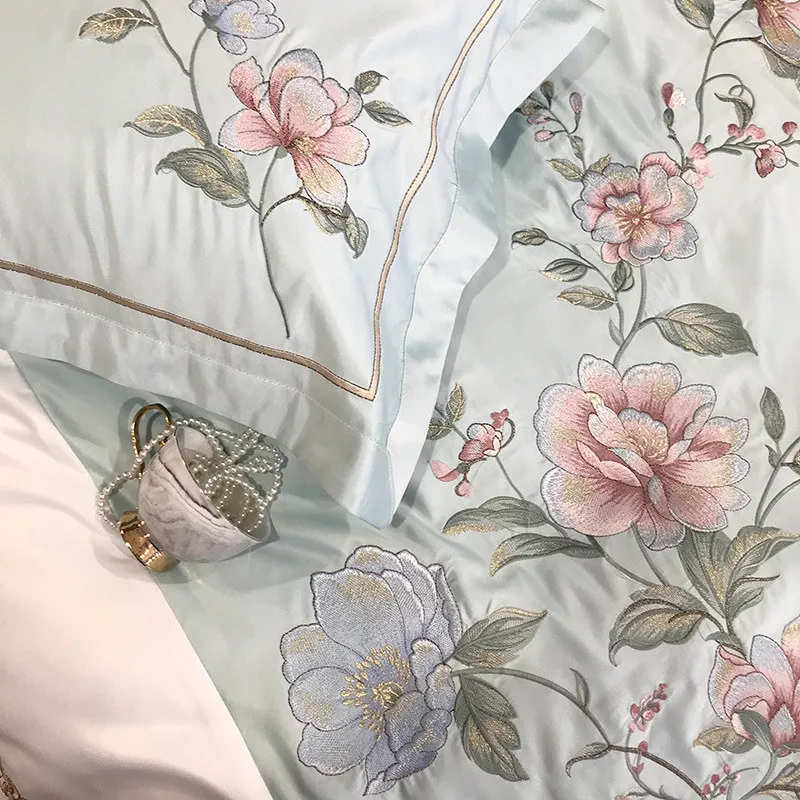 

Elegant Embroidery Flower Satin Cotton Comforter Bedding Set 4pcs Duvet Cover Set Double Bed King Queen Sheet Two Pillowcase