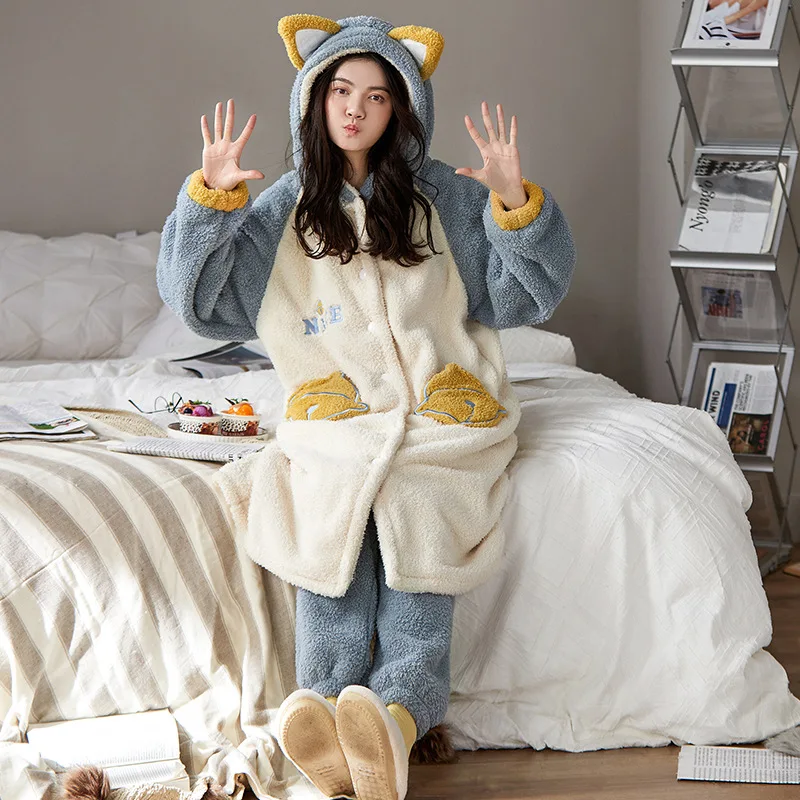 Winter Women'S Velvet Padded Pajamas Suit  Long-Sleeved Cute Hooded Ins  Two-Piece 