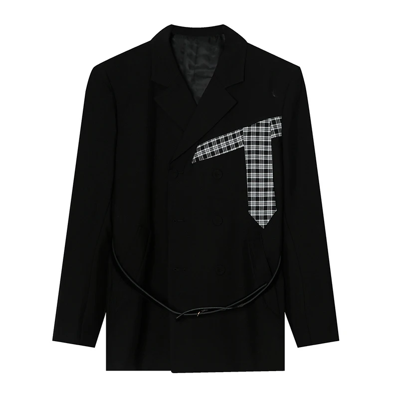 

IEFB Men's Casual Suit Coat 2021 New Plaid Contrast Color Patchwork Design Black Blazer With Belt Korean Streetwear Tide 9Y6570