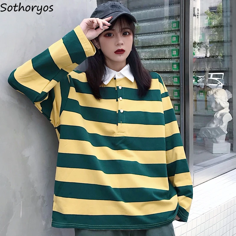 Толстовки для женщин с отложным воротником в полоску свободные длинным рукавом