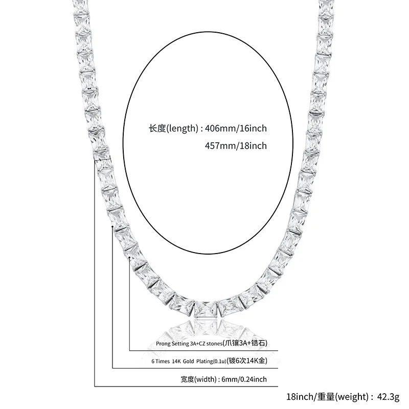 

Hip Hop Single Row Big Rectangle AAA+ CZ Stone Necklace Gold Silver Color Bling Long Link Tennis Chain Necklaces For Women Men