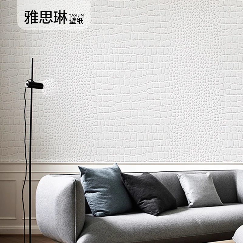 

Good quality 3D banana leaf wallpaper living room modern minimalist solid color white wallpaper nordic crocodile skin pattern