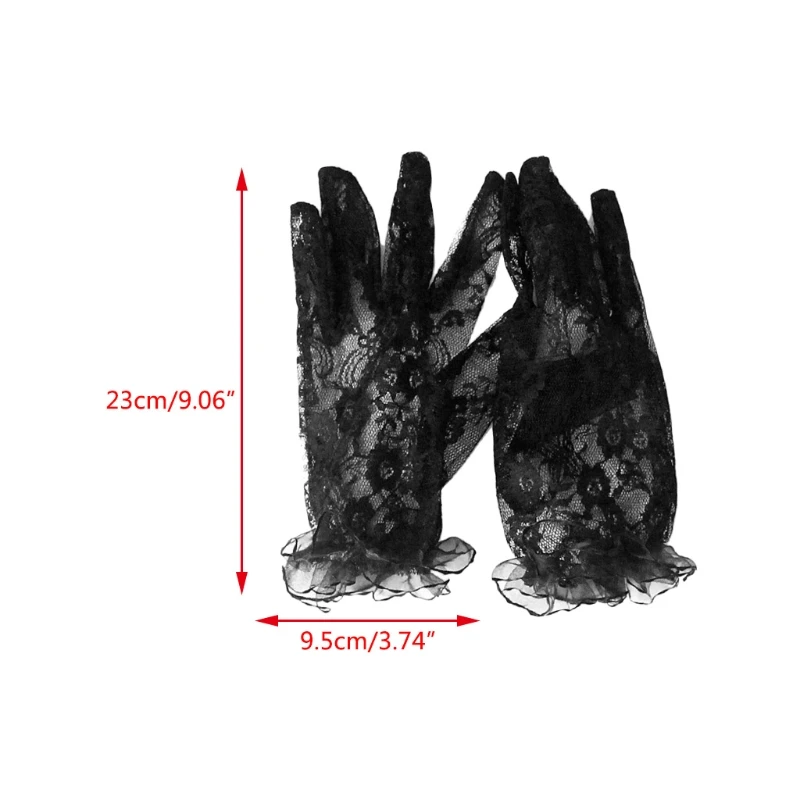 

1 Pair Fashion Women Short Sexy Black Lace Mesh Tulle Lace Ruffled Gloves Vintage Sunscreen Mittens for Wedding Emcee ,Party,Din