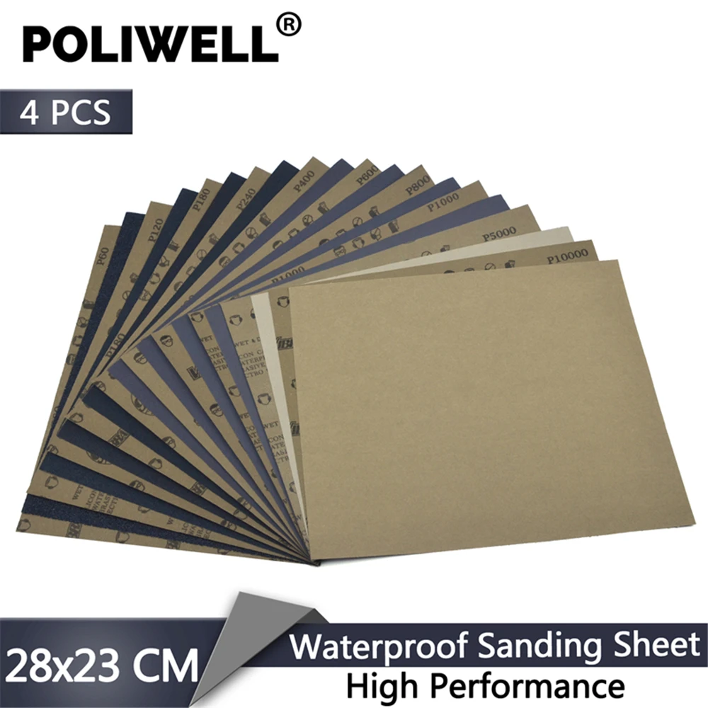 POLIWELL 4 шт. 280x230 мм Высокопроизводительные водонепроницаемые шлифовальные листы