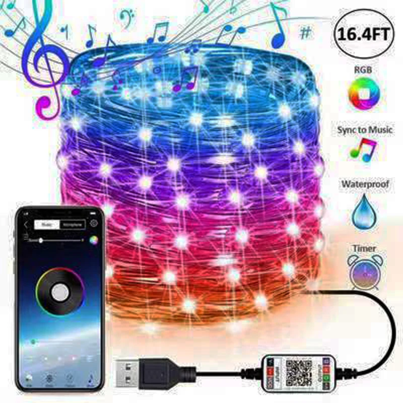 

DC 5V USB mobile phone bluetooth APP controller RGB LED string Christmas party bar interior decoration Fairy Copper wire lamp