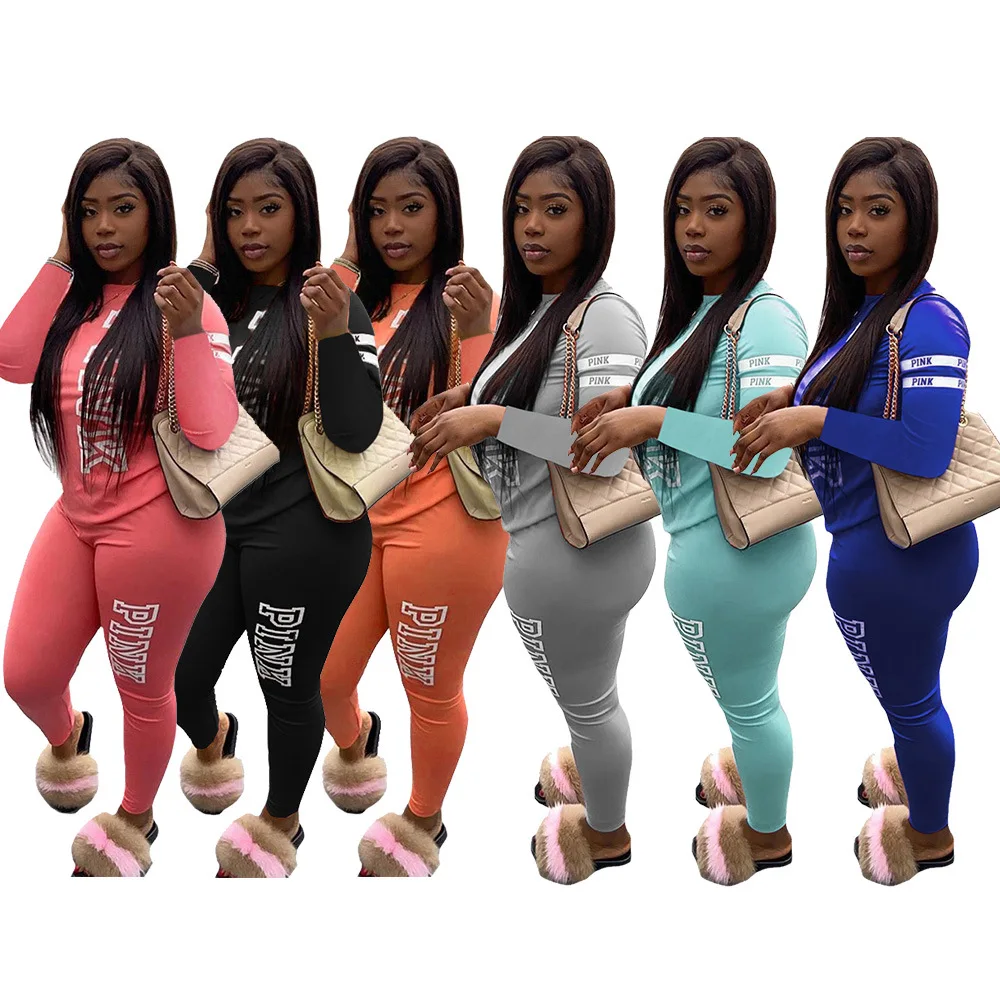 

Pink Letter Stripe Print Long Sleeve Round Neck Tops and Sweatpants Joggers Women Two Piece Sweatsuits Spring Casual Suits