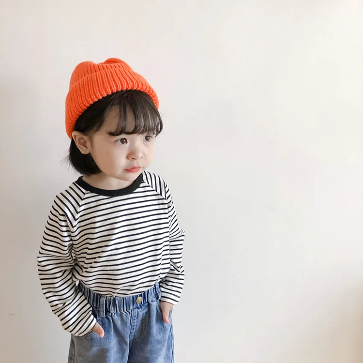 Весенне-Осенние футболки в полоску из чистого хлопка для девочек универсальные с