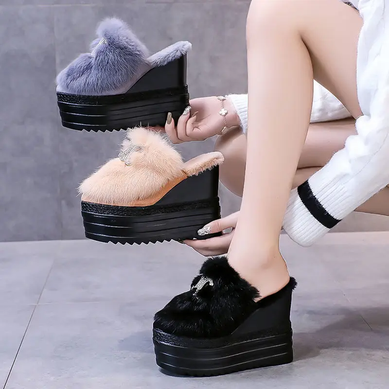 

2021 Autumn and Winter Platform Super-High Muffin Height Increasing Insole Toe Cap Semi Slipper Wedge Fluffy Slippers Women