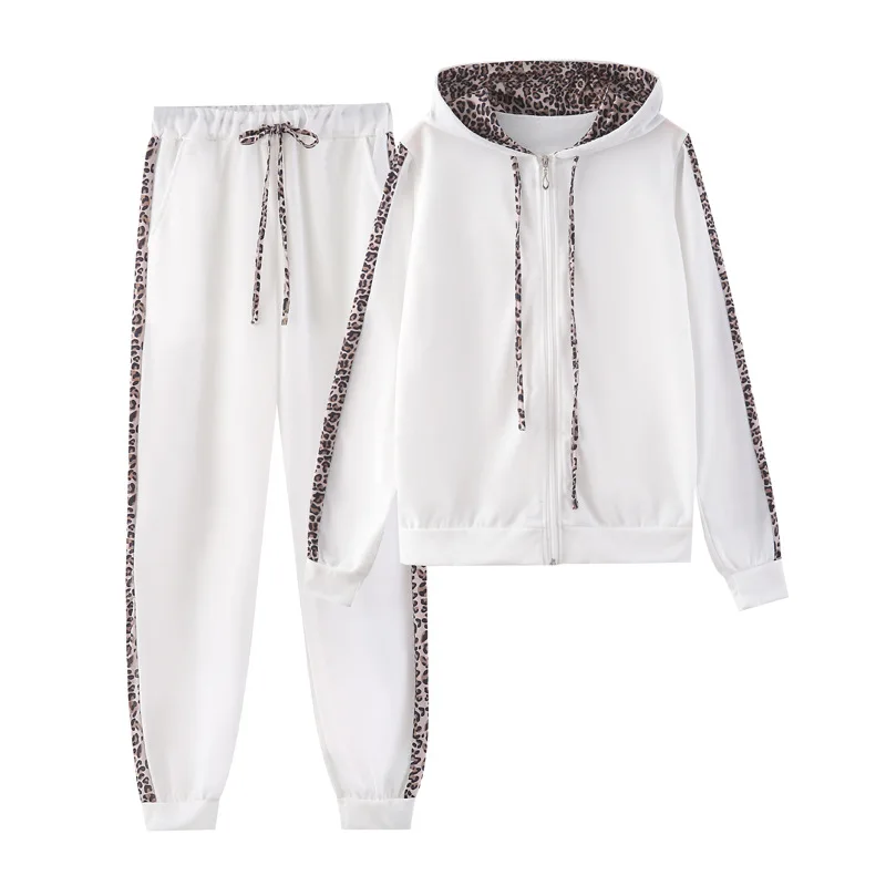 

big size Autumn Winter Fashion Tracksuit Women Splice Fleece Leopard Print Coat with Hood Two Pieces Set Hoodies Long Pants Suit
