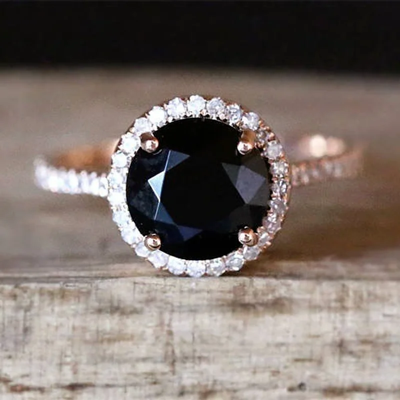 

New Synthetic Black Gemstone Rose Gold Plated Ring with Micro-set Full Diamond Hand Jewelry
