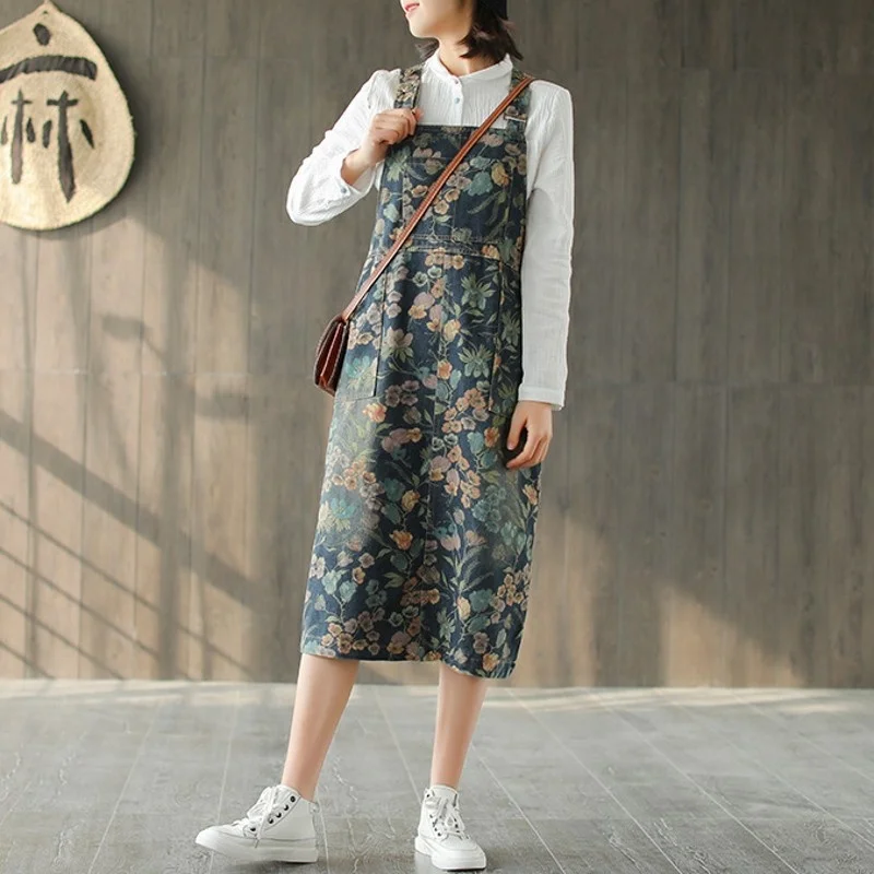 

Summer Spring Floral Printing Sleeveless Suspender Denim Dresses Medium Length Loose Fit Fashion Casula Female Vintage Dresses