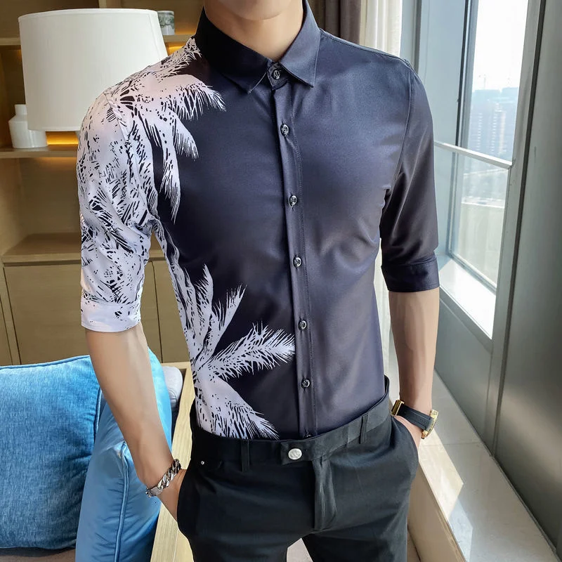 

Fashion Black White Color Contrast Coconut Print Shirt Men Shirt Summer Camisa Masculina Tuxedo Shirt Camisa Casual Night Club
