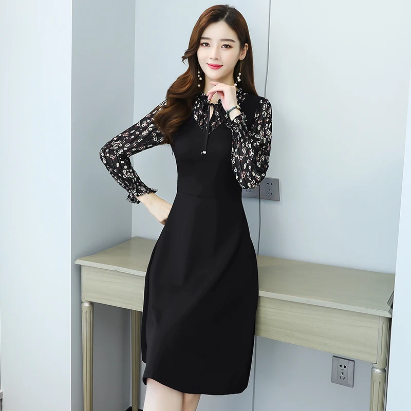 

2021 Spring Winter Black Vintage Floral Midi Dresses Korean Plus Size Long Sleeve Boho Dress Elegant Women Party Casual Vestidos