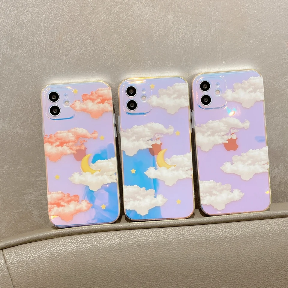 

Cute Moon Stars Clouds Patterns Phone Case for IPhone 12 Mini 11 Pro Max 7 8 Plus X XR XS SE 2020 Shell Luxury Laser Clear Cover