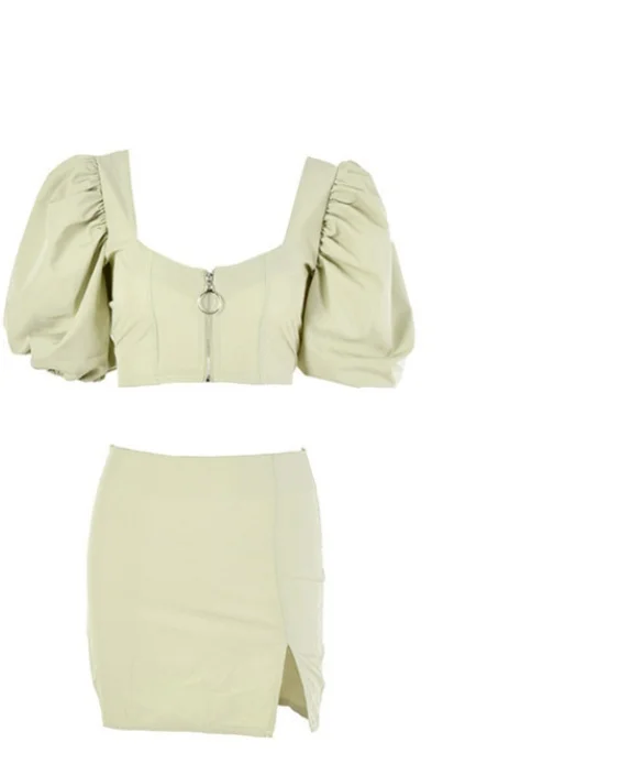 

YICIYA Women Two Piece Set Puff Sleeve Dress Crop Top And Skirt Set Women Sexy Zipper Bodycon Dress New 2 Piece Set Club Outfit