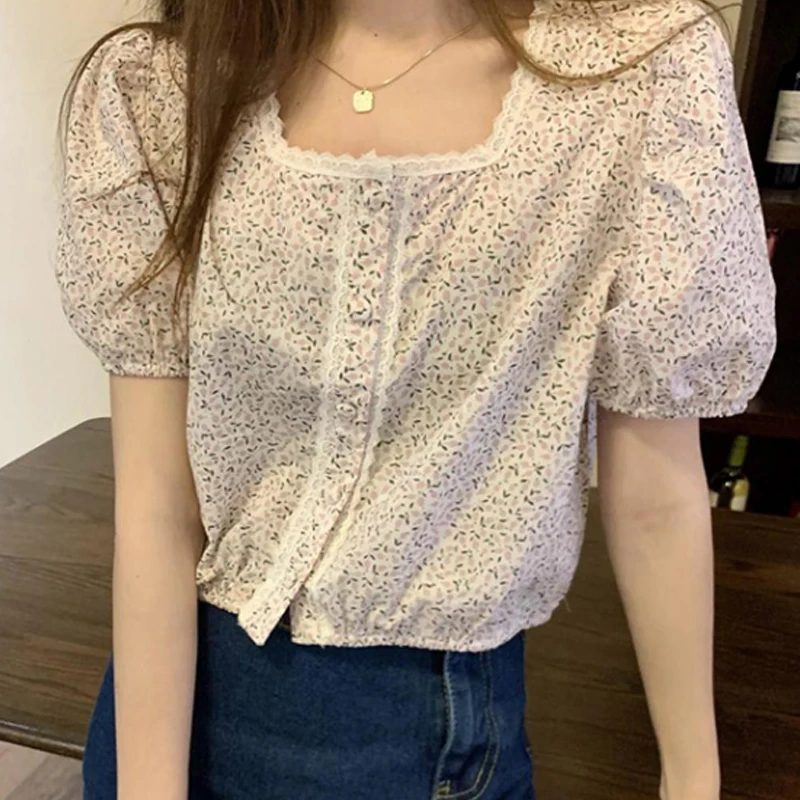 

ZAWAHIKI Korean Chic Fresh Print Shirt Women Summer 2021 Sweet Lace Square Collar Puff Sleeve Single Breasted Tops Short Blouse