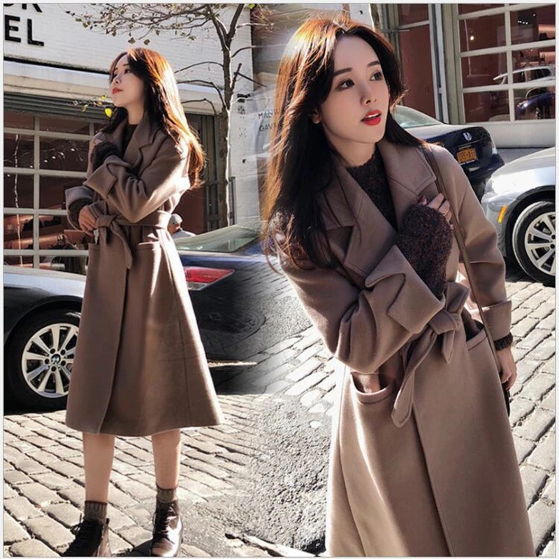 

2019 New autumn winter Woolen Coat Women fashion elegant Overcoat Trench Black Winter Coats Long Outerwear Female Z291