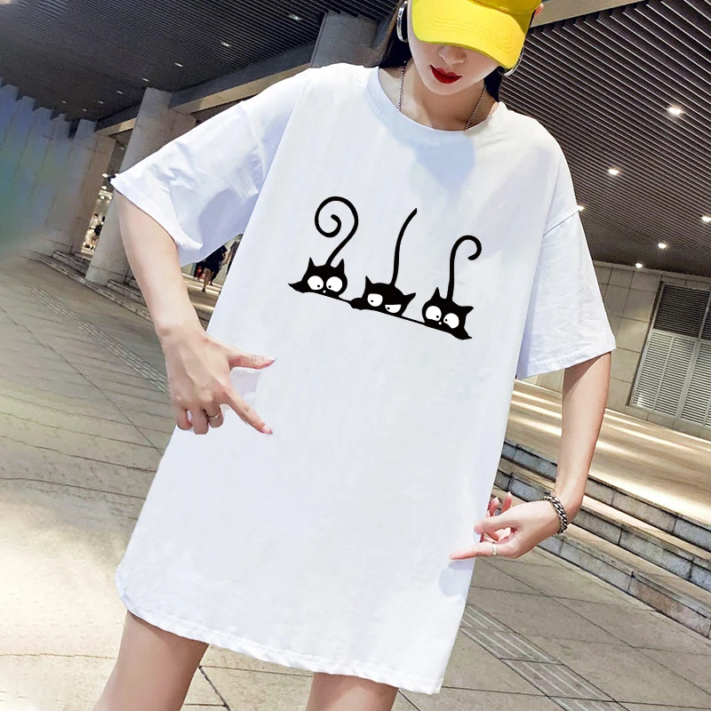 

Summer Mini Tshirt Dress Cartoon Cat Print Short Sleeve Dresses 2021 Loose Harajuku Party Club Robe Casual Vestidos Kawaii