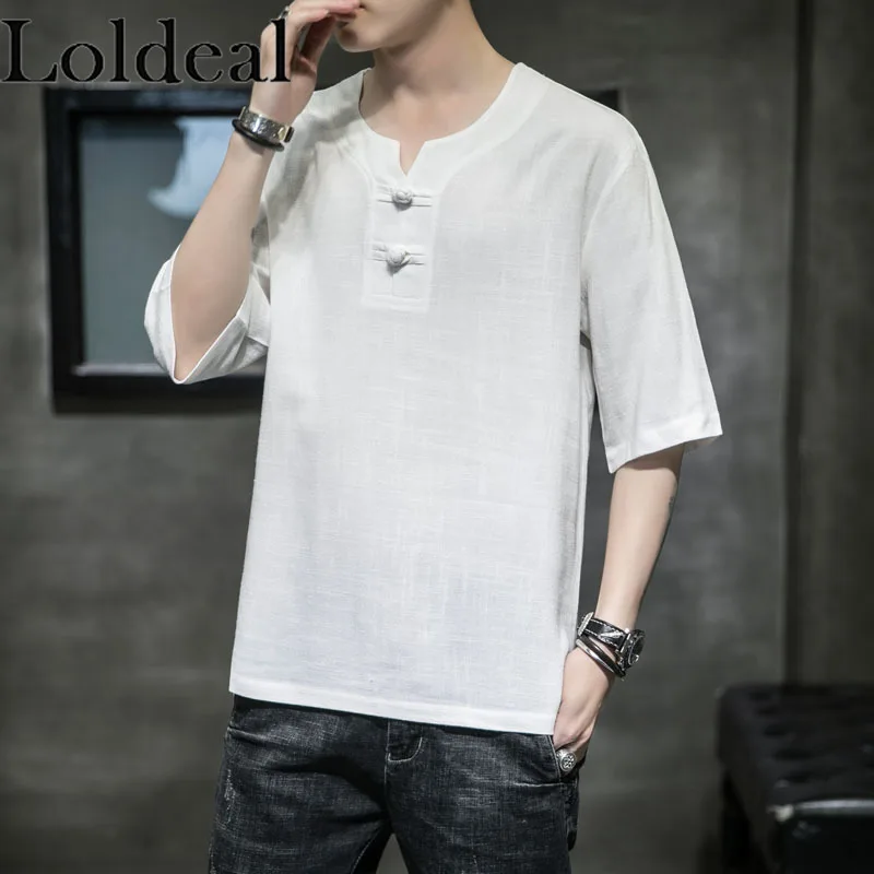 

Loldeal Chinese Style Short-sleeved T-shirt Men Cotton and Linen Solid Color Casual Pullover