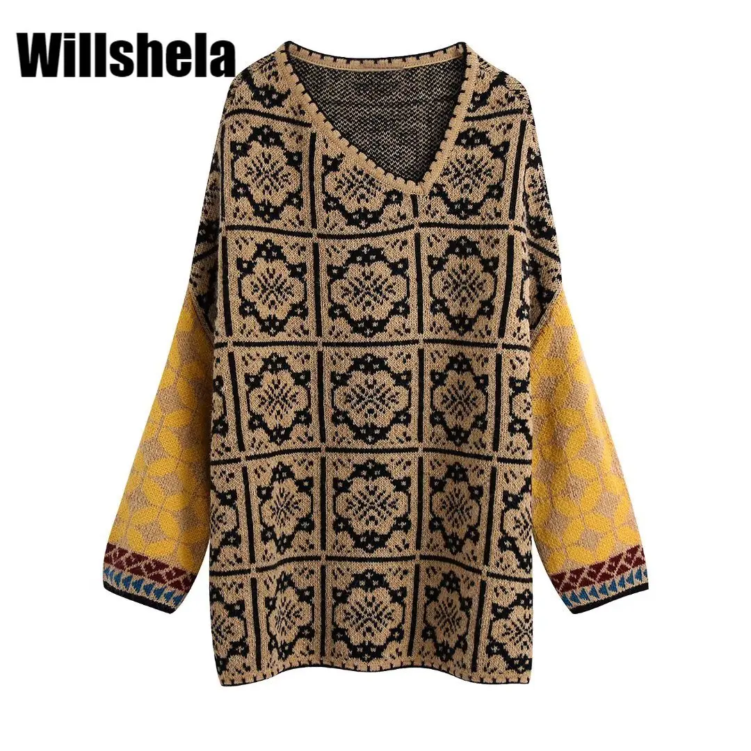 

Willshela женский модный вязаный свитер с асимметричным вырезом и длинными рукавами, Женский винтажный трикотажный пуловер, Топ