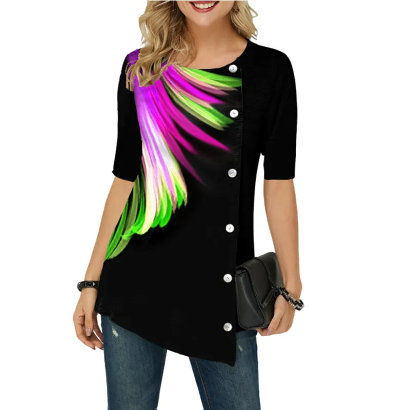 Цветной Перья печати рубашки с коротким рукавом для женщин летние футболки