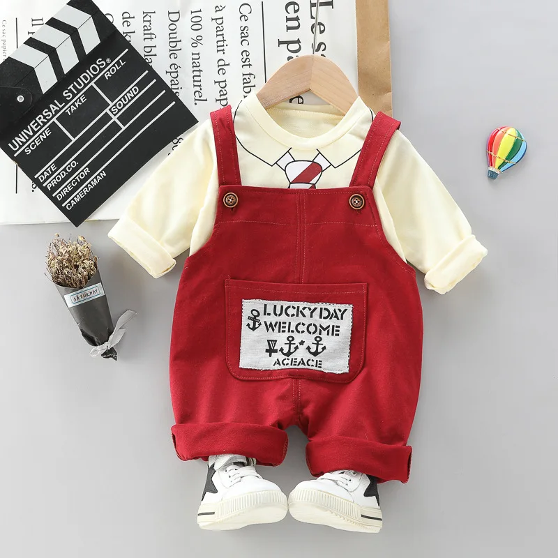 

Осенний костюм для маленьких мальчиков 2021, повседневный комбинезон для маленьких девочек, Детский милый костюм, хлопковая футболка с галст...