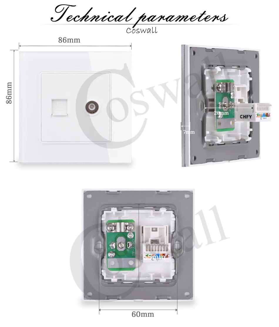 COSWALL Кристалл Закаленное стекло Блок розеток женский ТВ разъем с CAT5E RJ45 Интернет компьютер разъем для передачи данных C1 серии