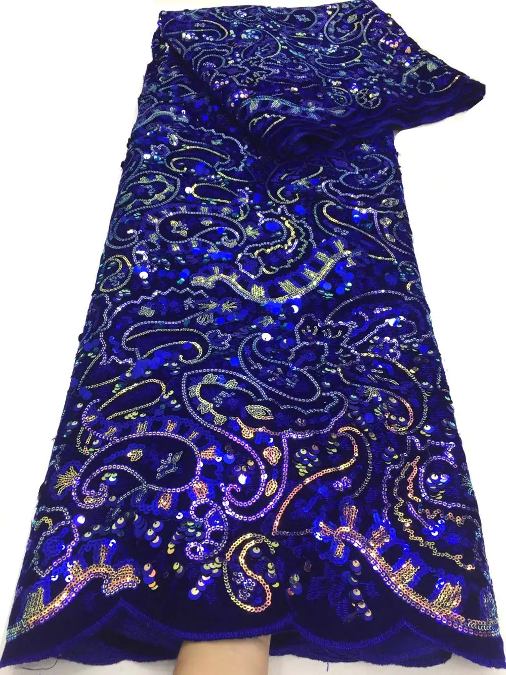 

Blue 2020 African Lace Fabric With Sequins Nigerian Velvet Lace Fabric Embroiderey Sequins Wedding Party Sewing 5 yards