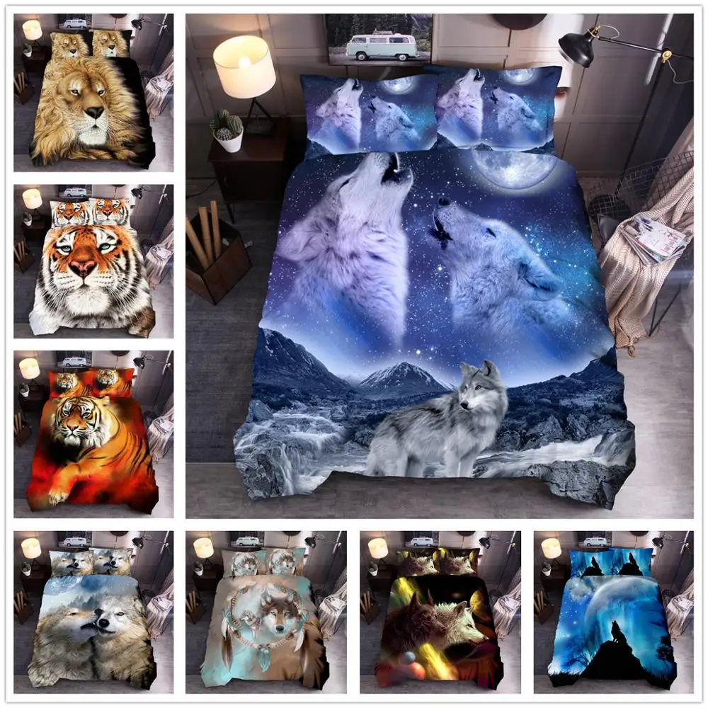 

Animal Lion Leopard Wolf 3D Quilt Cover Bedding Set Down Quilt Cover Pillowcase No Sheet Decoration Room Tiger Down The Mountain