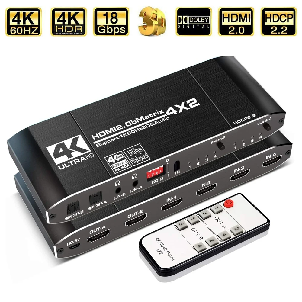 

2021 4x2 Matrix Switch Splitter with SPDIF and L/R 3.5mm HDR HDMI-compatible Switch 4x2 Support HDCP 2.2 ARC 3D 4K@60Hz for PS5